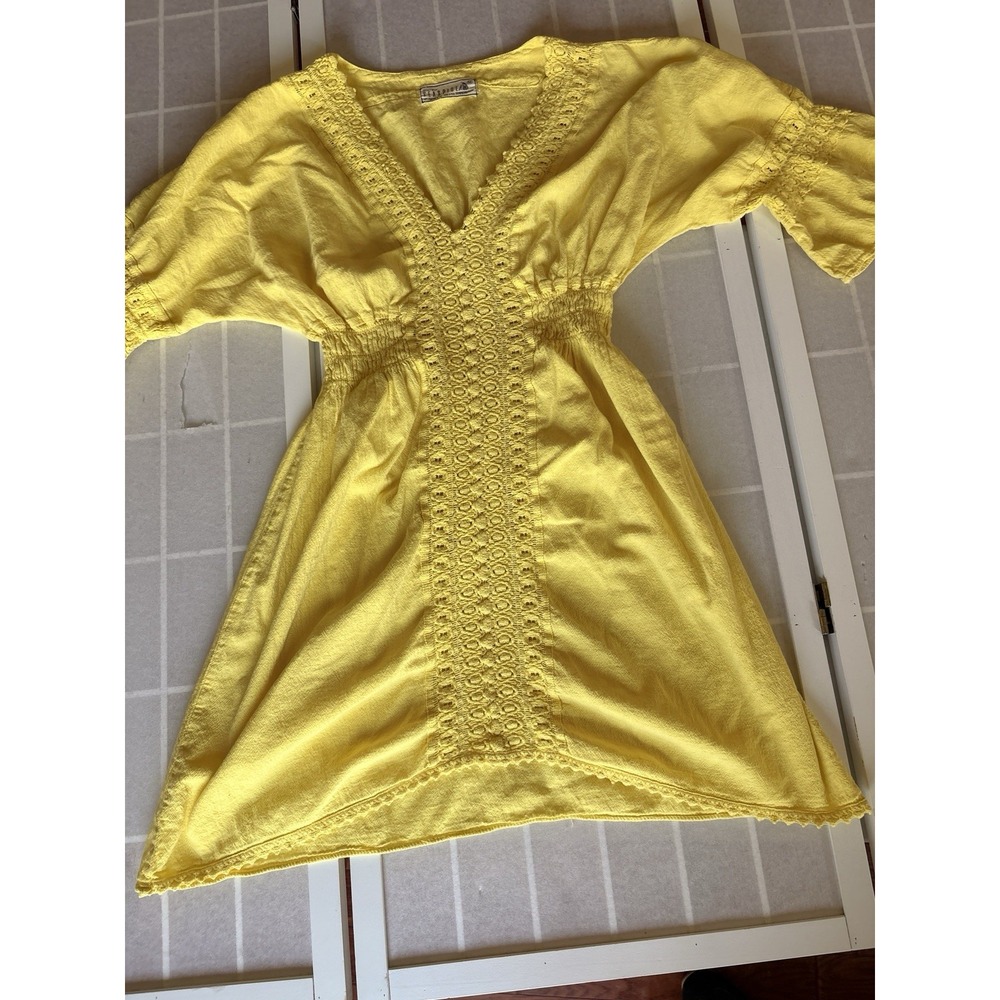 Seaspice Resort Wear Yellow 100% Peruvian Cotton Mini Dress Sz M Crotchet Boho